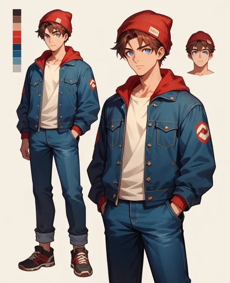 anime style ,solo ,human male 20 years ,adolescent   , brown hair style , wearing red  beanie , wearing dark blue denim jacket  ...