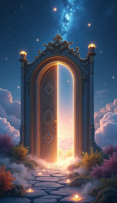  background: A myriad of sparkling stars are set in a shining night sky, A mysterious galaxy spreads in the distance. Soft cloud flows, Moonlight gently illuminates the scene.

Mansion: In the center, a large, Mysterious door. The door is designed with anc...