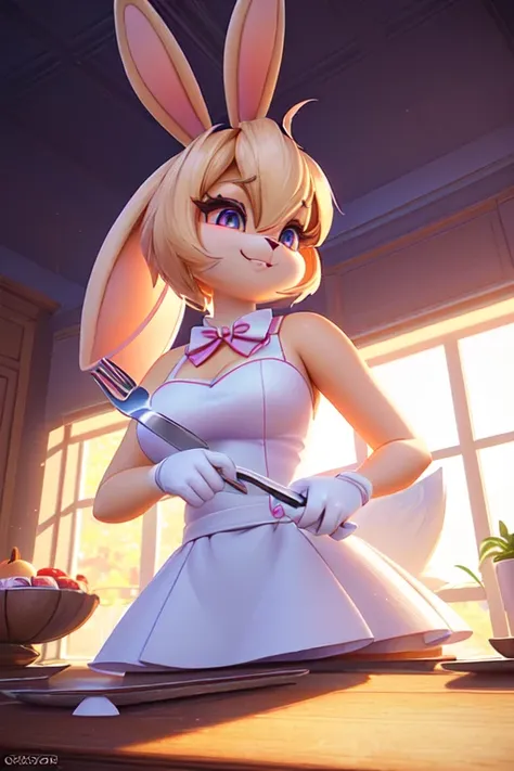 a close up of a cartoon bunny with a knife and fork, adorable digital painting, cute 3 d render, lola bunny fanart, beeple and jeremiah ketner, ultrarealistic sweet bunny girl, cute detailed digital art, trending on cgstation, cute anthropomorphic bunny, c...