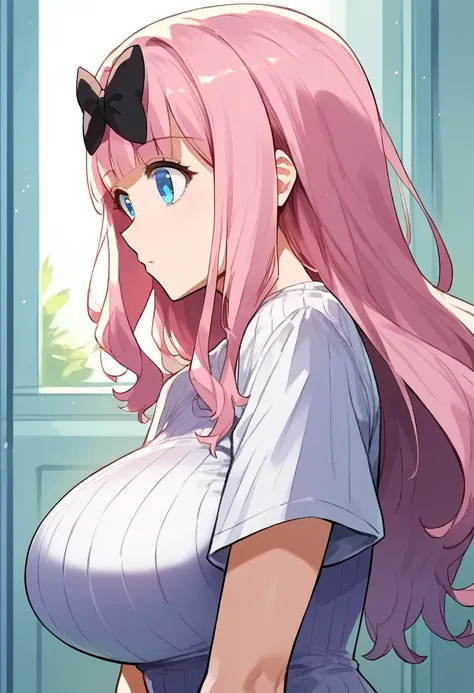 score_9, score_6_up, source_anime, 1girl, alone, , cowboy shot, chika, blue eyes, pink hair, hair bow, black bow,, huge breasts 、High neck short sleeve grey ribbed T-shirt dress、、Are standing、From the side、 upper body