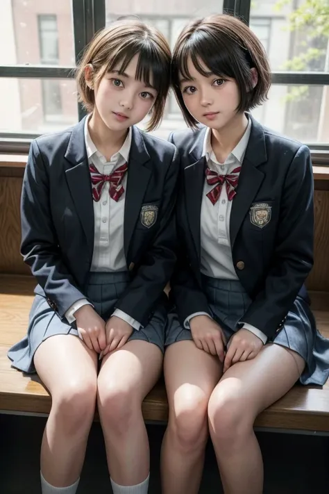 Secondary school sophomore、beautiful girl、Short cut、Student Uniform、Real、Realistic、Real skin feeling、(Two Girls:1.5)、