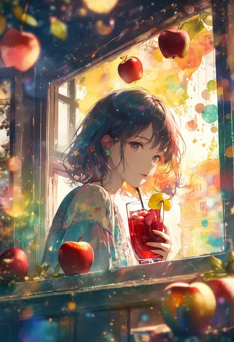 (masterpiece, best quality),(double exposure: 1.2), subtle colors, post-grunge,  paint splatters, intricate details, detailed depiction,A whimsical,Girl drinking sangria by the window,teenage,Spainish, (Sangria filled with Apples.), The background is fille...