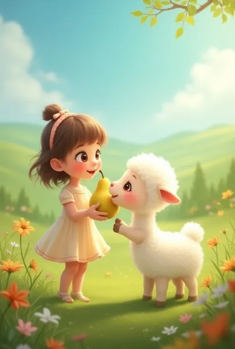 a cute gril hold a little lamb biting a pear