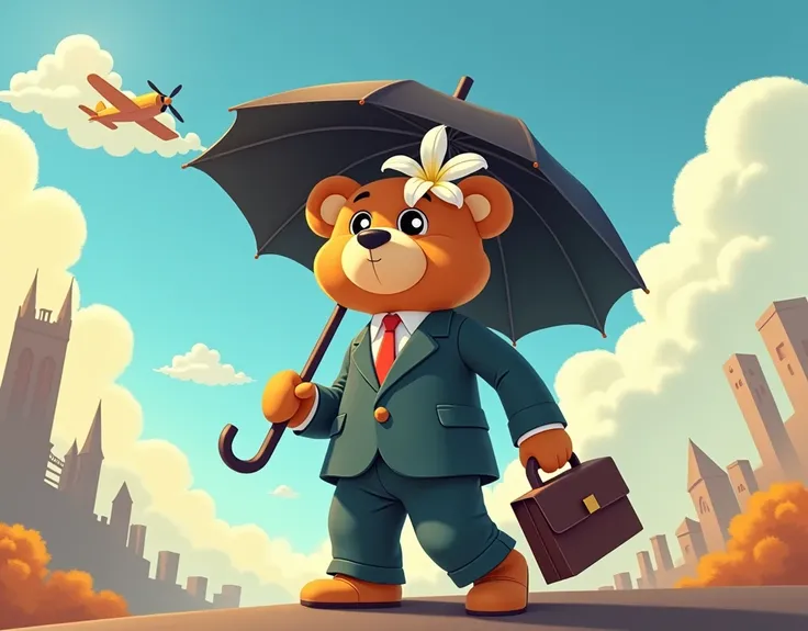 Modern cartoon, bright colors, close-up of a determined teddy bear amidst the sky, wearing a power suit, a single white Lily flower on its head, and carrying a briefcase, uses a sturdy black umbrella, his curious eyes staring at the horizon, vintage plane ...