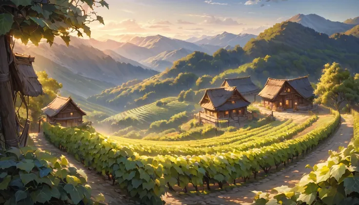 A beautiful landscape painting with a hut nestled in a vineyard at sunrise. The stone path leads through the vineyard, surrounded by lush grapevines ,The landscape is dotted with tall trees, creating a serene and peaceful atmosphere. A calm and glistening ...