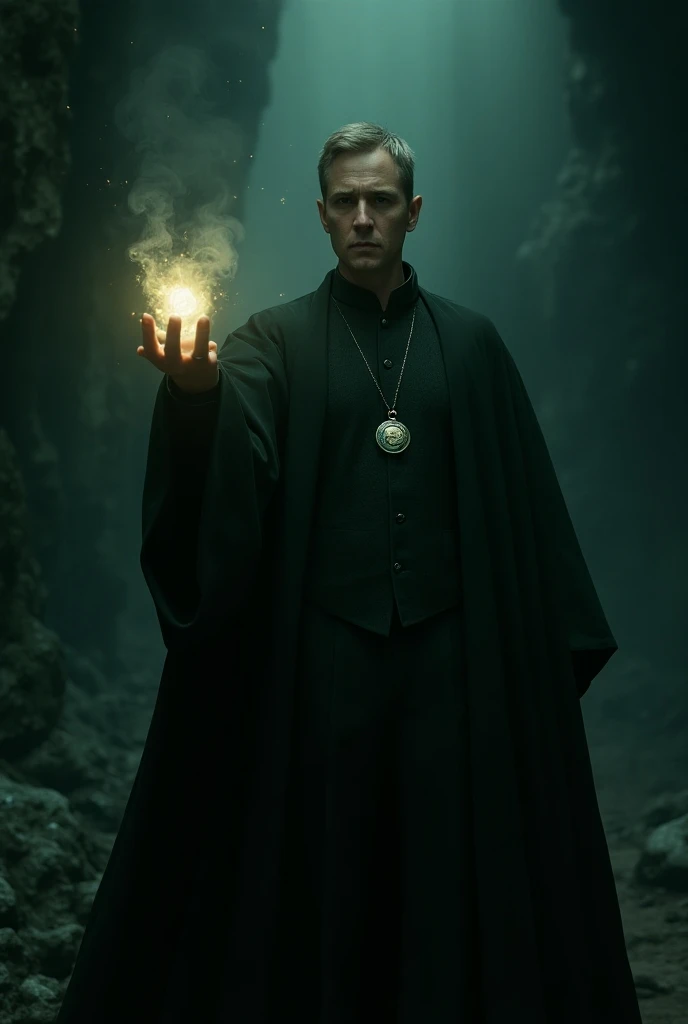 Concept:

Regulus Black in Slytherin robes, with a dark and brooding background (e.g., the cave where he went to retrieve the Horcrux).
Show the Slytherin locket glowing in his hand, as this is a key moment in his story.
You could also include a shadowy fi...