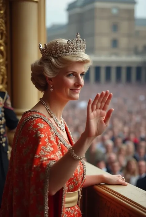 "63" years old Princess diana at her coronation day as queen wearing crown in the royal balcony she waving to people  