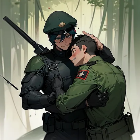  soldier with a hostage after saving them ,  happy enemy soldier in black uniform who touches him , an enemy soldier looks like some riot policeman or SOBR , In the forest, both soldiers are guys, with short hair,

  1 pervert soldier gropes a wounded sold...