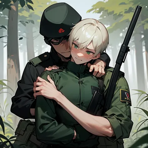  soldier with a hostage after saving them ,  happy enemy soldier in black uniform who touches him , an enemy soldier looks like some riot policeman or SOBR , In the forest, both soldiers are guys, with short hair,

  1 pervert soldier gropes a wounded sold...