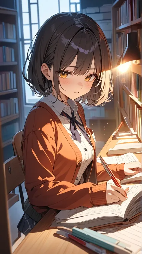 One Girl、Intelligent look、Sharp Eye、 short bob hair、 Casual Uniforms 、Serious personality、Small breasts、Barely enthusiastic、  
break、  
Bright classroom、(Cool lighting:1.4)、Clear Colors 、 Focused Atmosphere 、 Quest for Knowledge 、 Passionate Energy、  
brea...