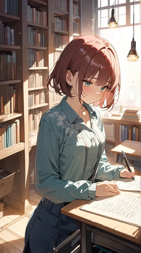 One Girl、Intelligent look、Sharp Eye、 short bob hair、 Casual Uniforms 、Serious personality、Small breasts、Barely enthusiastic、  
break、  
Bright classroom、(Cool lighting:1.4)、Clear Colors 、 Focused Atmosphere 、 Quest for Knowledge 、 Passionate Energy、  
brea...