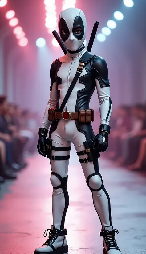 cute  dressed as white deadpool, full body, realistic, photorealistic, high detail, detailed costume, detailed face, detailed eyes, detailed lips, detailed expression, dynamic pose, stage, fashion show, studio lighting, vivid colors, cinematic lighting, dr...