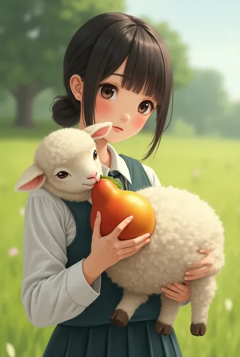 a student of japanese gril hold a little lamb biting a pear