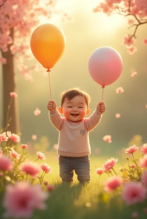 a cute baby boy, smiling, holding a balloon, outdoor scene with flowers, happy family, photorealistic, pastel colors, soft lighting, tender moment, (best quality,4k,8k,highres,masterpiece:1.2),ultra-detailed,(realistic,photorealistic,photo-realistic:1.37),...