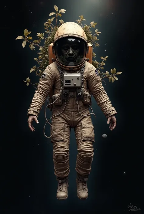 Create a tattoo template of an astronaut with a broken helmet ,  floating in space and plants growing out of the hole of the helmet.