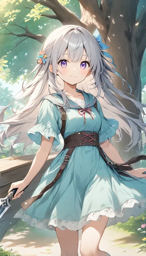  pale lines and soft colors create a dreamy effect., A fleeting impression..,One Woman、Old Tree House 、 girl has a straight iron sword、cute、 fantasy、(( fantasy 皮の鎧))、Silver Hair、 long hair 、Half Up、Cute hair accessories、((Adventurer))、黒髪9 Silver Hair1、