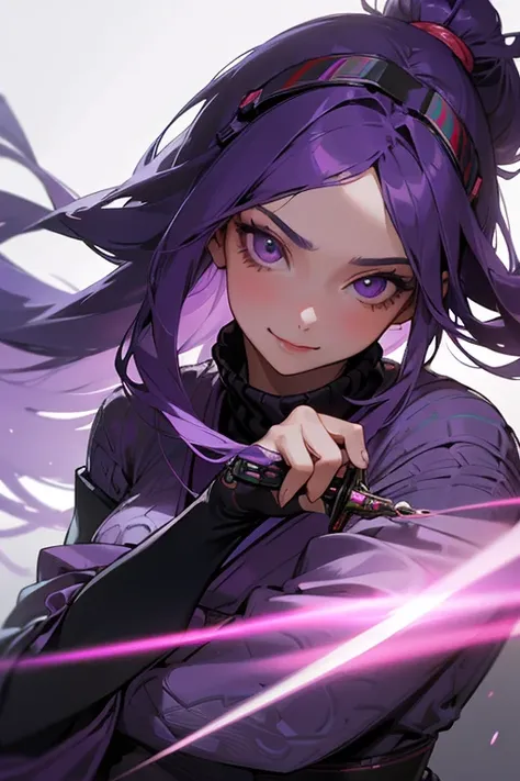 1 person,    STRAIGHT PATTERNS   ,  BLADING  , Big Sleeves,    hair accessory that makes you hold a sword,Obi says, (   Purple Hair:1.2), Long Hair,    straight hair, To the audience::,    detailed background, (Realistic:1.2),    beautiful eyes,    RED EYE...