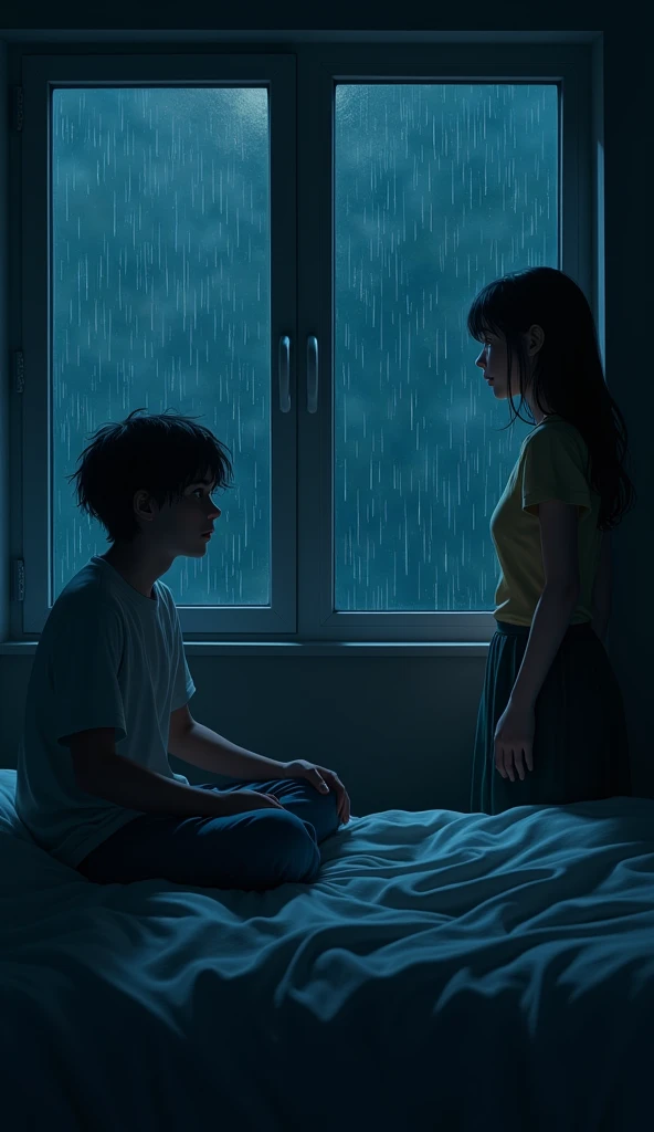 A boy whose age is 25 years. The boy is sitting in a room on his bed, sad. And a girl of 25 years is standing outside the same room near a window. She is looking at the boy sadly. It is night time and it is raining. Real image