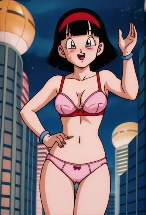 source_anime, score_9, score_8_up, score_7_up, anime screencap,
videl, dragon ball super, 1girl, solo, looking at viewer, blush, smile, short hair, bob cut,  blue eyes, city, black hair, cityscape, arms up, Naked, spiked hair, ;), teeth, night sky, eyelash...