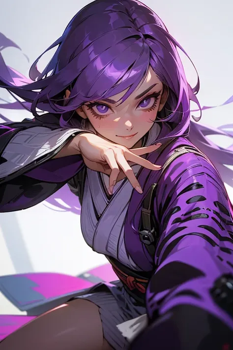 1 person,    STRAIGHT PATTERNS   ,  BLADING  , Big Sleeves,    hair accessory that makes you hold a sword,Obi says, (   Purple Hair:1.2), Long Hair,    straight hair, To the audience::,    detailed background, (Realistic:1.2),    beautiful eyes,    RED EYE...