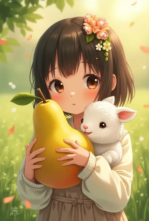 a student of japanese gril hold a little lamb biting a pear anime style