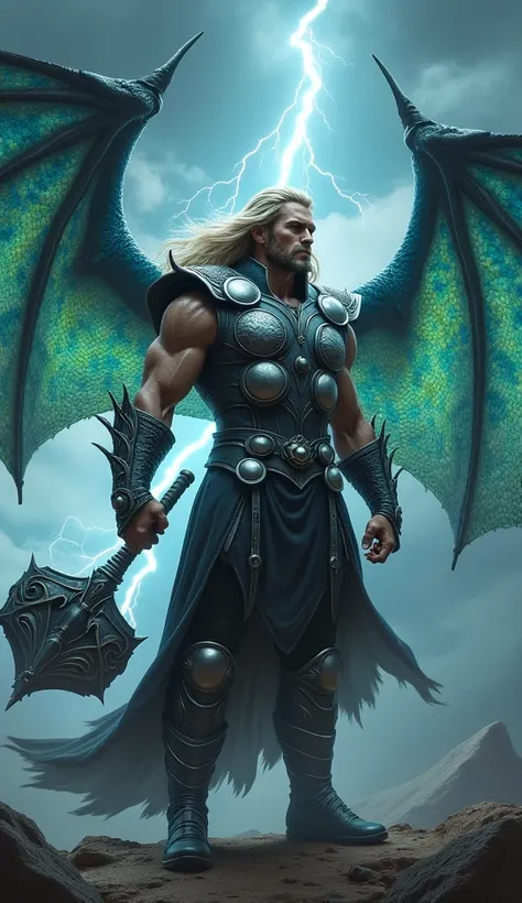 "Create a dynamic image of a powerful fusion character that combines elements of Thor and a majestic dragon. The character should have a muscular build, embodying Thors iconic features such as his long, flowing hair and a warriors stance. Adorn the charact...