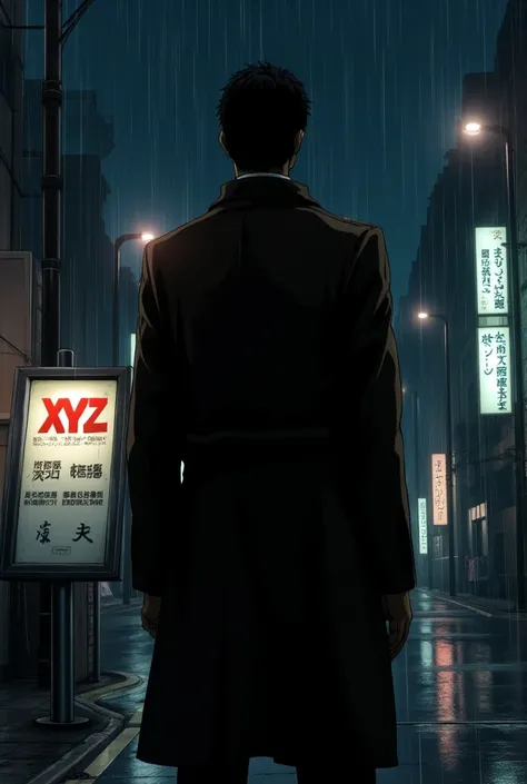  City Hunter。Tall Saeba 。　
Shinjuku on a rainy night 。 XYZ bulletin board 。I had a handgun。Silhouette of a person from behind。Saeba wearing a brown coat 。