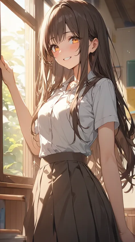 One Girl、Bright smile、Shining Eyes、 long straight hair 、Uniform skirt、Kind personality、Small breasts、Thoughts of friends、  
break、  
 Soft Daylight 、( Warm Hues :1.3)、 Peaceful Atmosphere 、Soft Shadows、 Friendly Energy、Scent of Youth 、  
break、  
School cl...