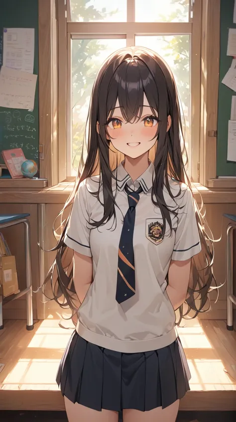 One Girl、Bright smile、Shining Eyes、 long straight hair 、Uniform skirt、Kind personality、Small breasts、Thoughts of friends、  
break、  
 Soft Daylight 、( Warm Hues :1.3)、 Peaceful Atmosphere 、Soft Shadows、 Friendly Energy、Scent of Youth 、  
break、  
School cl...