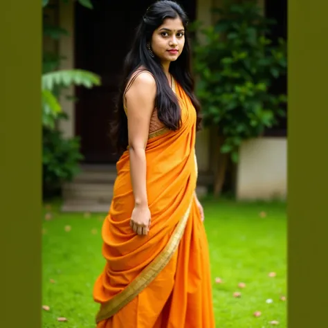 kerala female Reshma in home.kerala Reshma is young and average sized body perfectly fit body figure with big breast cleavage and indian fair skin tone and black hair.kerala Reshma is Wearing  orange colour churidar.Realistic photo.Realistic photo. High qu...