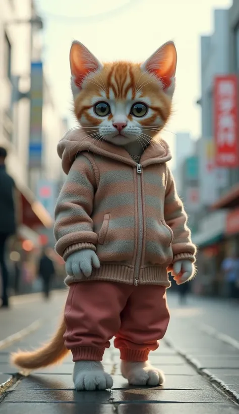 A kitten is standing facing the front on 2 legs wearing the clothes of a girl in Shibuya。 has a big head and clear eyes。8K Octane, movie, movie撮影,  Digital Art , Super detailed, Reality,  widescreen, There is no one here