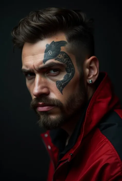 hair,tattoo_ryoumen,tattoo_on_his_face,wearing black and red jacket,Professional photography,depth of field,85 mm,realism,hyperrealism, RAW,phenomenal aesthetics,luxurious graphics (masterpiece, best quality:1.3),Backlight,Intricate details, Intricate,Deta...