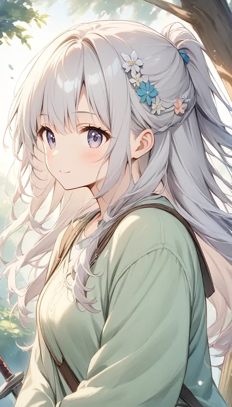  pale lines and soft colors create a dreamy effect., A fleeting impression..,One Woman、Old Tree House 、 girl has a straight iron sword、cute、 fantasy、(( fantasy 皮の鎧))、Silver Hair、 long hair 、Half Up、Cute hair accessories、((Adventurer))、黒髪9 Silver Hair1、swea...