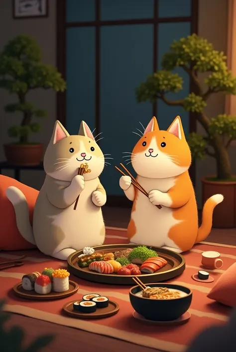 Couple of cats eating japanese food and watching movies