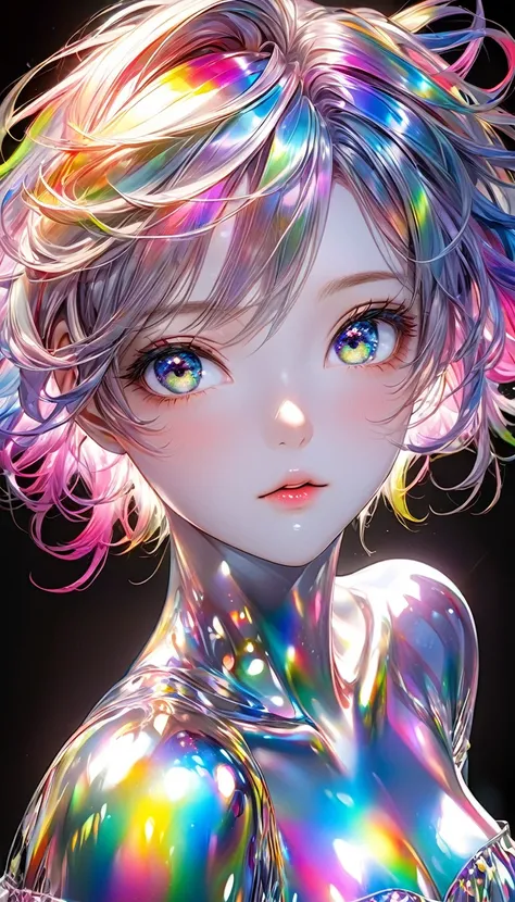 conceptual installation vivid color colorful artwork, kawaii beauty, striking beautiful eyes, glossy silky messy hair, amorous and lewd expression, perfect proportions, wearing transparent iridescent naturally luminous, delicate and dynamic textures, contr...