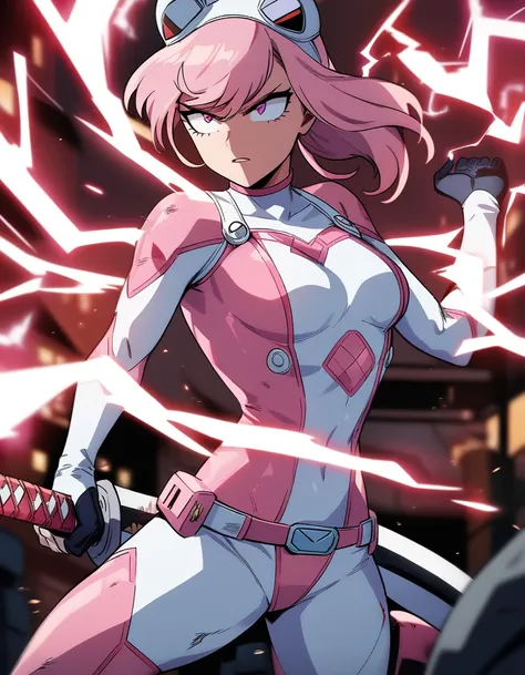 One girl, female focus, gwenpool,marvel comic, Injury, electricity,masterpiece, highest quality, so beautiful, Absurd, in my hero academia artstyle, holding two katanas, blood