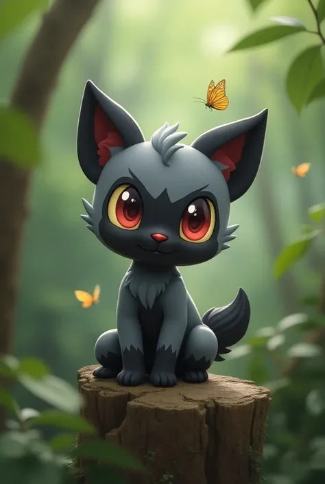  fiffyen sitting on a tree trunk in the forest ,  with his big eyes  .  Little birds and butterflies fly around it .  Fiffyen is a small ,  four-legged and dog-like Wikipedia icon Pokémon ,  that appears gray and black . The face,  the inner ears and feet ...