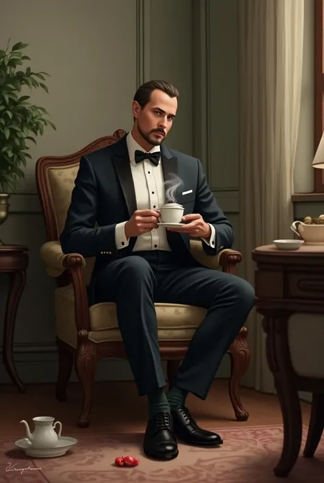 A man is drinking tea, sitting in happiness