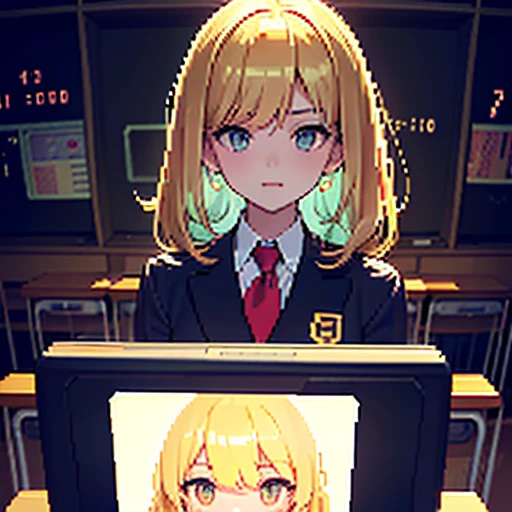  Old big computer  , cables around  ,  two golden pixel eyes drawn on the blue screen,((Pixelart girl inside the screen , golden hair,  school jacket )) ((  looking at the viewer )), ((High quality, 4k)),((