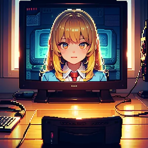  Old big computer  , cables around  ,  two golden pixel eyes drawn on the blue screen,((Pixelart girl inside the screen , golden hair,  school jacket )) ((  looking at the viewer )), ((High quality, 4k)),((