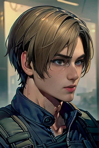 (Highly detailed CG), ( best quality), (Highly detailed CG), ( best quality), (Leon S. Kennedy), (Overall view) SWAT Clothing, Beautiful and attractive young man, Lean and muscular