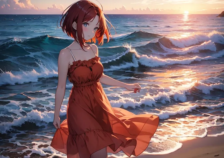 A beautiful girl with short, deep red bob hair is gazing at the waves at the beach at sunset. She is wearing a flowing orange Disney princess-style dress, and the ends of her hair are fluttering in the ocean breeze. The shot is taken from 5cm away, emphasi...