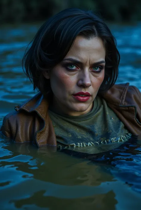 mid-aged depraved dehydrated sick milf, lust winkles, bold vulgar makeup, duckweed, drowning in the muddy bog. bags under eyes, wrinkles,  tight mud-covered wetlook jeans and mud-covered jeans and and t-shirt and leather jacket, red brunette bob-cut,, in s...