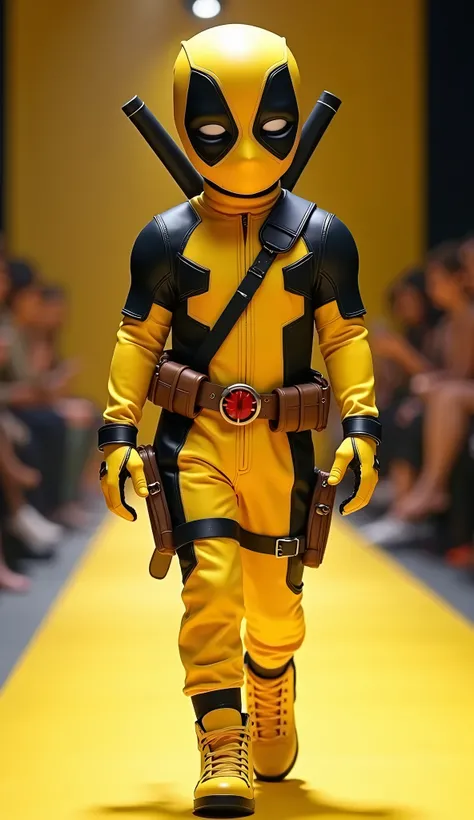 cute  dressed as yellow deadpool in realistic full body fashion show, (full body:1.2)