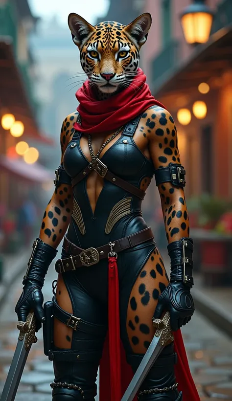 Imagine a hybrid jaguar with the character Kunoichi from Dungeon and Fighter .  The jaguar is dressed in an elegant tactical outfit that balances elegance and danger .  Her outfit consists of a tight black jumpsuit with cutouts ,  that reveal parts of her ...