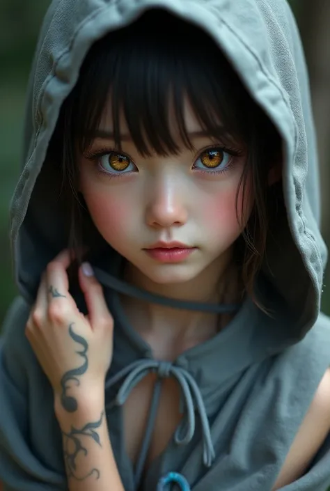  A close up for a young character.  Light gray blouse . Melhor qualidade. work of art. golden eyes.  No sleeve on the left arm . Wear blue shorts .  Lighting effect .  Blade on the forearm .  Hidden blade . killer style. gray hood. Fantasy.