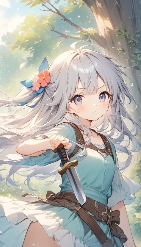  pale lines and soft colors create a dreamy effect., A fleeting impression..,One Woman、Old Tree House 、A girl holds a straight iron sword 、cute、 fantasy、(( fantasy 皮の鎧))、Silver Hair、 long hair 、Half Up、Cute hair accessories、((Adventurer))、黒髪9 Silver Hair1、...