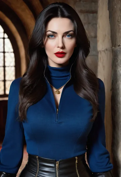 photo of a completly clothed vampire assassine with a bad sadistic smile standing drammatically like a hero inside the horror torture room of the dracula castle,waitin for the man to torture , monica bellucci at 32 , ((incredibly clear blue eyes )) (( flir...