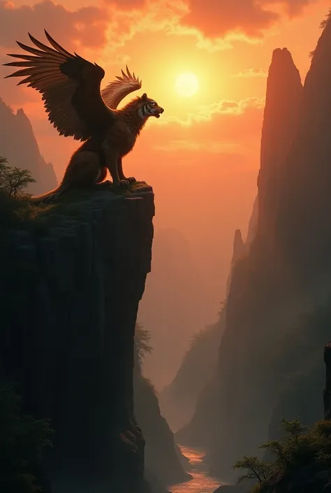  Imagine this majestic hybrid ,  the fusion of eagle and tiger ,  reigning in an epic and powerful setting :  a deep valley ,  surrounded by gigantic mountains whose peaks touch the clouds .  The sky is dominated by a red-orange sunset that bathes the envi...