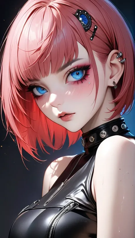 masterpiece,  High Resolution ,  anatomically correct, 最high quality,  high detail,  high definition models,  very detailed, high quality,  ultra-fine,  textured skin, Realistic Skin, pink  red hair, Bowlcut hair, cobaltblue eyes,  with sparkling eyes,  ad...